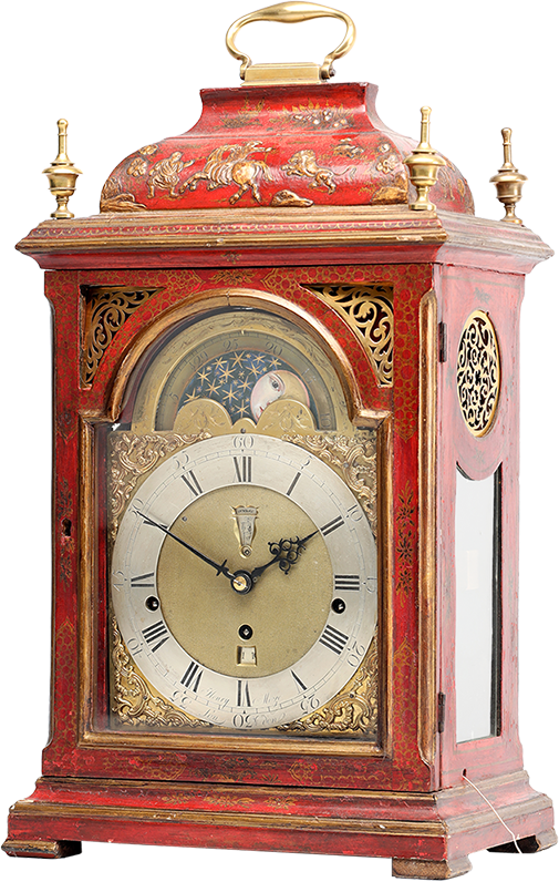 Henry Moze London scarlet lacquer chinoiserie quarter-chiming bracket clock