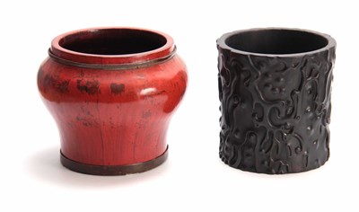 Lot 221 - A CHINESE CARVED HARDWOOD BRUSH POT 20cm high...