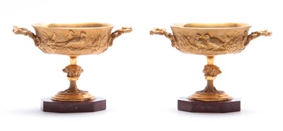 Lot 403 - A PAIR OF ORMOLU MOUNTED DISHES ON MARBLE...