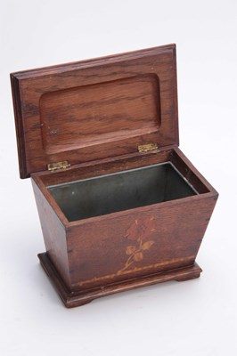 Lot 953 - AN ARTS AND CRAFT INLAID OAK TEA CADDY of...