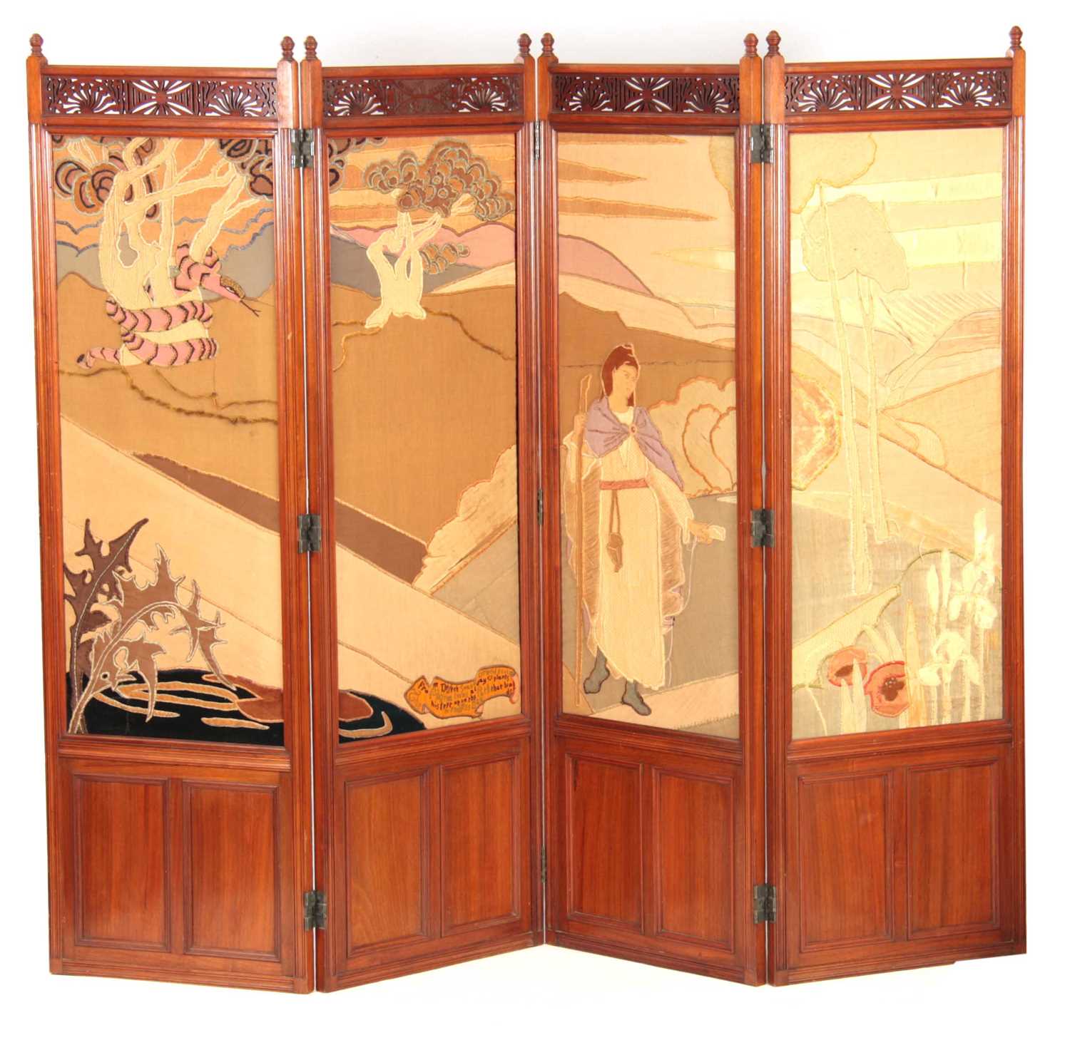 Lot 967 - AN ARTS AND CRAFTS WALNUT EMBROIDERED SCREEN...