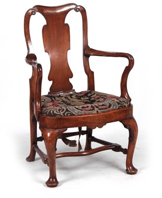 Lot 1163 - A GEORGE I WALNUT OPEN ARMCHAIR with scrolled...