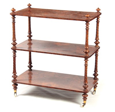 Lot 1219 - A VICTORIAN BURR WALNUT THREE TIER WHATNOT...