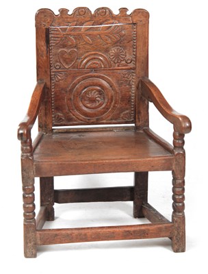 Lot 1281 - AN 18TH CENTURY OAK WAINSCOT CHAIR OF SMALL...