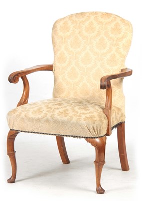 Lot 1291 - A GEORGE I STYLE WALNUT UPHOLSTERED ARM CHAIR...