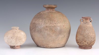 Lot 145 - THREE ANTIQUE CHINESE UNGLAZED STONEWARE VASES...