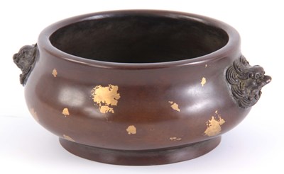 Lot 236 - A CHINESE BRONZE CENSER with lion mask handles...