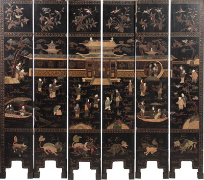 Lot 292 - A 19TH CENTURY CHINESE BLACK LACQUER SIX PANEL...