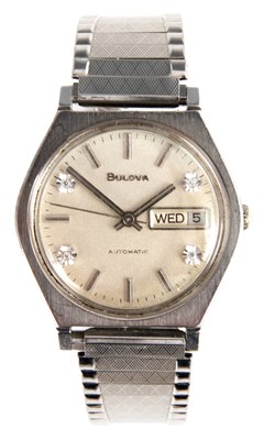 Lot 242 - A GENTLEMANS STEAL BULOVA WRISTWATCH on steel...