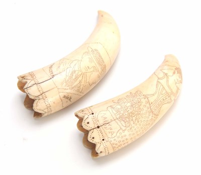 Lot 487 - A PAIR OF 19TH CENTURY ENGRAVED SCRIMSHAW WORK...