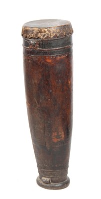 Lot 506 - A 19TH CENTURY AFRICAN DRUM with goats skin...