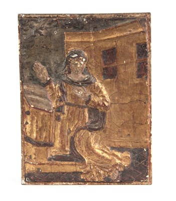 Lot 550 - AN EARLY EUROPEAN CARVED GILT GESSO PANEL OF A...