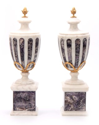 Lot 590 - A PAIR OF WHITE MARBLE AND BLUE JOHN TYPE...