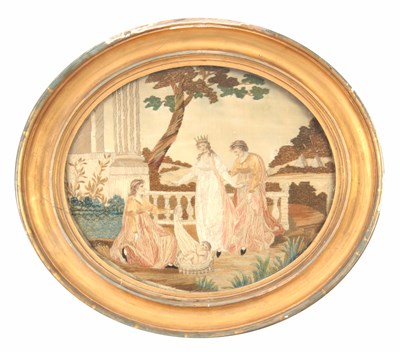 Lot 641 - A GEORGE III OVAL SILK GROUND NEEDLEWORK...