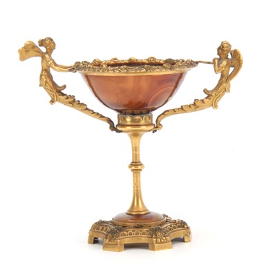 Lot 703 - A 19th CENTURY GILT BRONZE AND AGATE GOBLET...