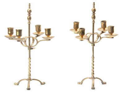 Lot 737 - A PAIR OF 19TH CENTURY BRASS FOUR BRANCH...