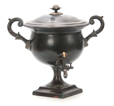 Lot 740 - A 19TH CENTURY PATINATED COPPER SAMOVAR with...