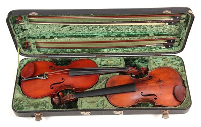 Lot 776 - 2 VIOLINS AND 4 VIOLIN BOWS IN A DOUBLE VIOLIN...