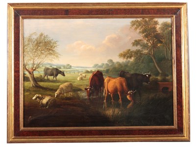 Lot 817 - A 19TH CENTURY OIL ON CANVAS DEPICTING CATTLE...