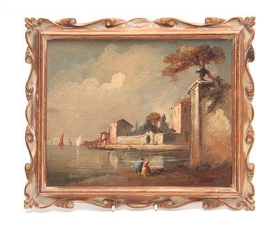Lot 822 - OIL ON BOARD Continental lake and town scene...