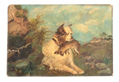 Lot 826 - A LATE 19th CENTURY OIL ON BOARD. Terrier with...