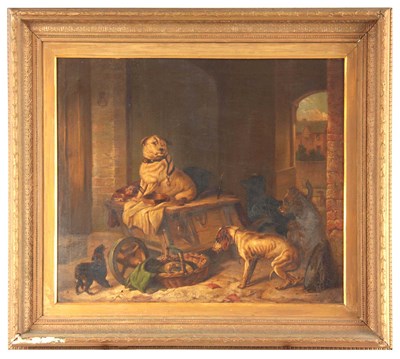 Lot 834 - A 19th CENTURY OIL ON CANVAS. Group of dogs in...