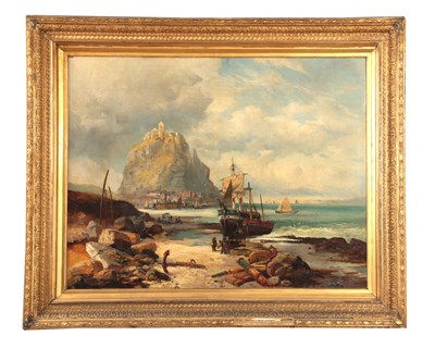 Lot 836 - A 19th CENTURY OIL ON CANVAS. Coastal fishing...
