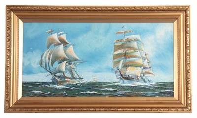 Lot 837 - H W MOORE OIL ON BOARD depicting two galleons...