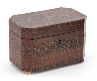 Lot 886 - A 19th CENTURY TUNBRIDGE WARE INLAID TEA CADDY...