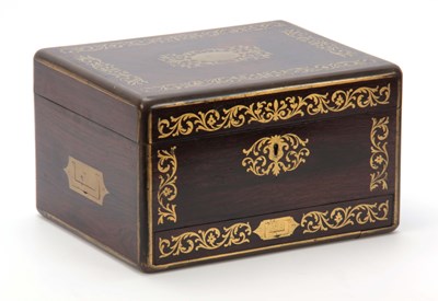 Lot 888 - A 19th CENTURY ROSEWOOD AND BRASS INLAID...