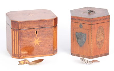Lot 911 - A GEORGE III MAHOGANY HEXAGONAL SHAPED INLAID...