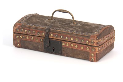 Lot 941 - AN 18TH CENTURY LEATHER BOUND HIDE DOME TOP...
