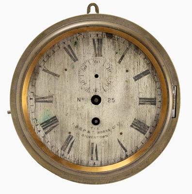 Lot 983 - A LATE 19th CENTURY BRASS BULKHEAD CLOCK the...