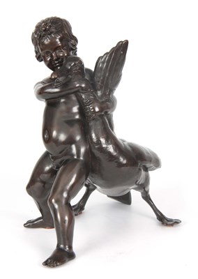 Lot 600 - A LATE 19TH CENTURY PATINATED BRONZE SCULPTURE OF A CHERUB AND GOOSE