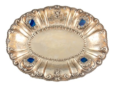 Lot 357 - A SILVERPLATE AND BLUE AGATE CONTINENTAL OVAL...
