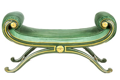 Lot 1037 - A LARGE REGENCY PAINTED X FRAMED WINDOW SEAT...