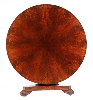Lot 1091 - A LATE REGENCY FLAME MAHOGANY CENTRE TABLE...