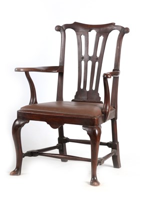 Lot 1182 - A GEORGE II IRISH STYLE MAHOGANY OPEN ARMCHAIR...