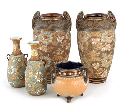 Lot 213 - A PAIR OF DOULTON LAMBETH GILT AND MOTTLED...
