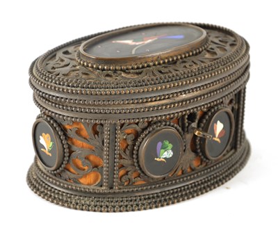 Lot 650 - A 19TH CENTURY FRENCH OVAL PIETRA DURA AND...