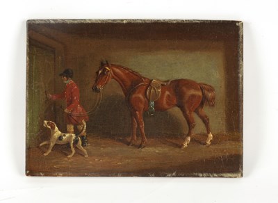 Lot 745 - A 19TH CENTURY OIL ON BOARD Horse in a stable...