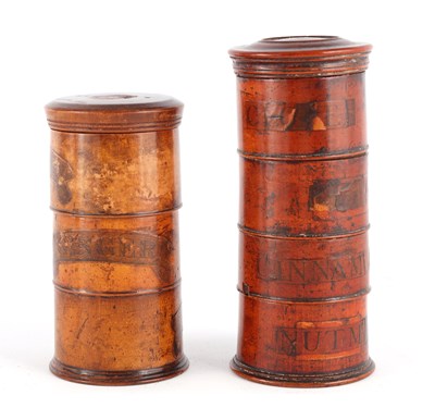 Lot 978 - TWO EARLY 19TH CENTURY SYCAMORE TREEN SPICE...