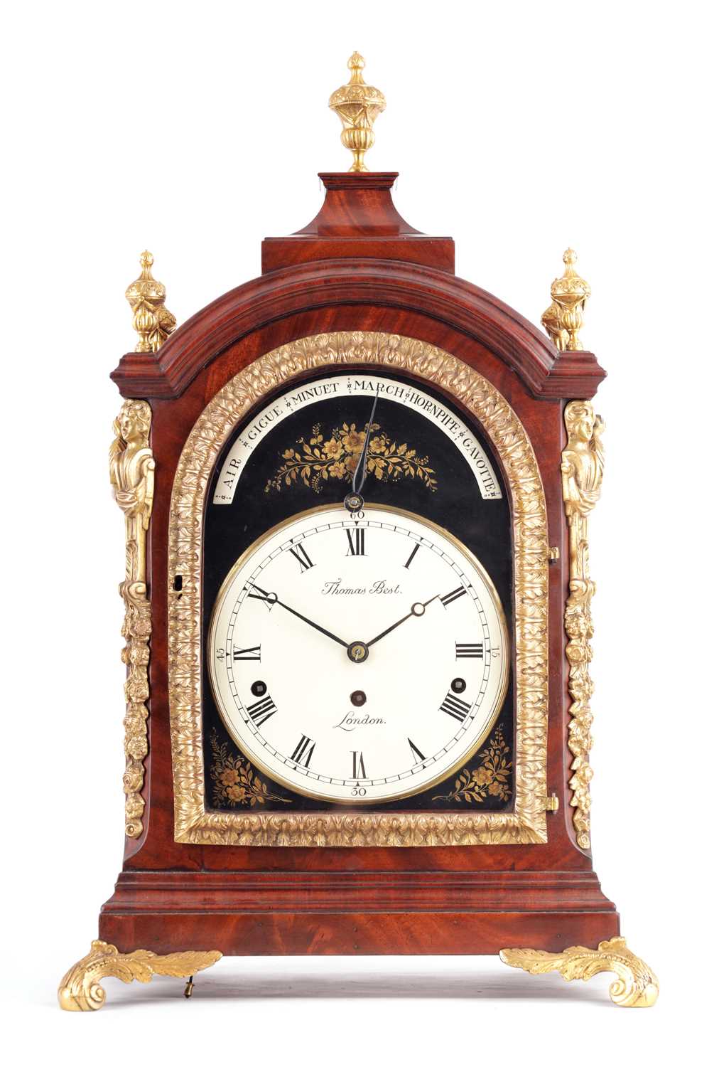 Lot 912 - THOMAS BEST, LONDON  A FINE GEORGE III ORMOLU MOUNTED MAHOGANY MUSICAL BRACKET CLOCK