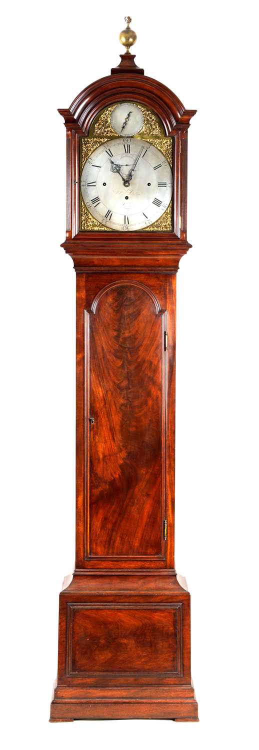 Lot 823 - WILLIAM DUTTON, LONDON  A FINE AND RARE GEORGE III FIGURED MAHOGANY GRAND SONNERIE STRIKING LONGCASE CLOCK