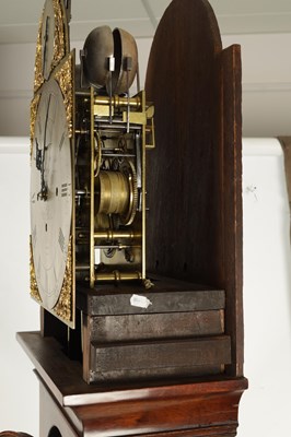 Lot 823 - WILLIAM DUTTON, LONDON  A FINE AND RARE GEORGE III FIGURED MAHOGANY GRAND SONNERIE STRIKING LONGCASE CLOCK