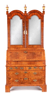 Lot 1001 - A WILLIAM AND MARY HERRING-BANDED AND FIGURED WALNUT BUREAU BOOKCASE