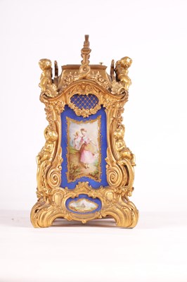 Lot 778 - DROCOURT (CIRCA 1860)  A FINE AND RARE MID 19TH CENTURY FRENCH GILT BRASS AND SEVRES STYLE PORCELAIN PANELLED ROCOCO REPEATING CARRIAGE CLOCK