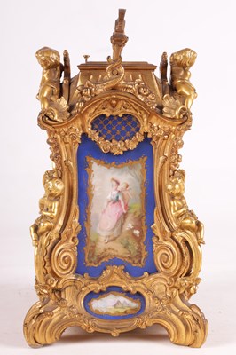 Lot 778 - DROCOURT (CIRCA 1860)  A FINE AND RARE MID 19TH CENTURY FRENCH GILT BRASS AND SEVRES STYLE PORCELAIN PANELLED ROCOCO REPEATING CARRIAGE CLOCK