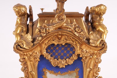 Lot 778 - DROCOURT (CIRCA 1860)  A FINE AND RARE MID 19TH CENTURY FRENCH GILT BRASS AND SEVRES STYLE PORCELAIN PANELLED ROCOCO REPEATING CARRIAGE CLOCK