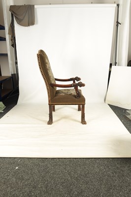 Lot 979 - AN UNUSUAL 19TH CENTURY GOTHIC STYLE OAK TAPESTRY UPHOLSTERED ARMCHAIR